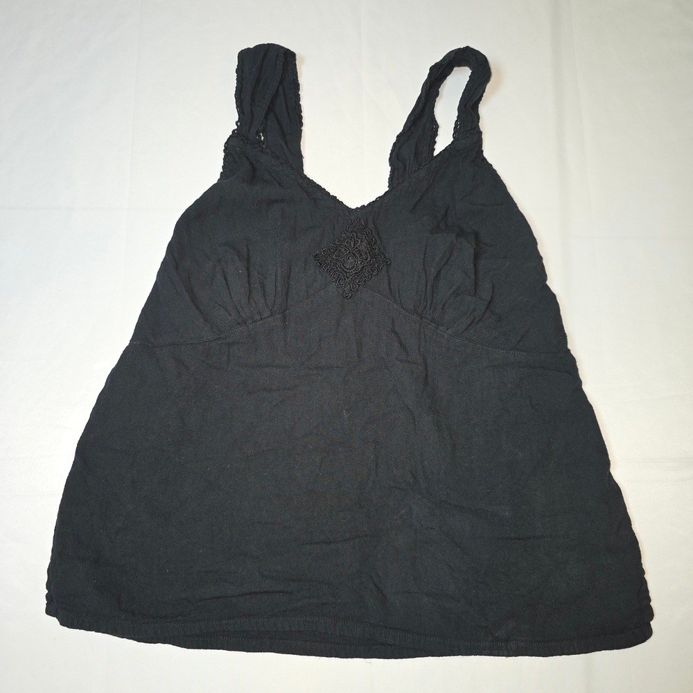 Eucalyptus‎ Black Cotton Gauze Boho Camisole Lace Trim V-Neck Tank Top Medium